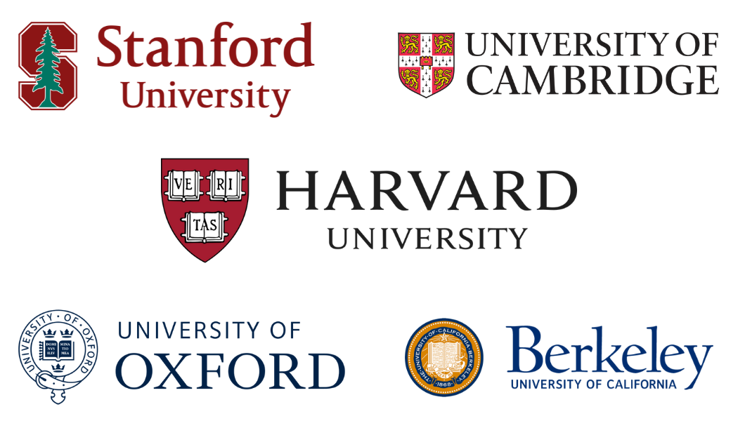 University Logos including Stanford, Cambridge, Harvard, Oxford, and Berkeley