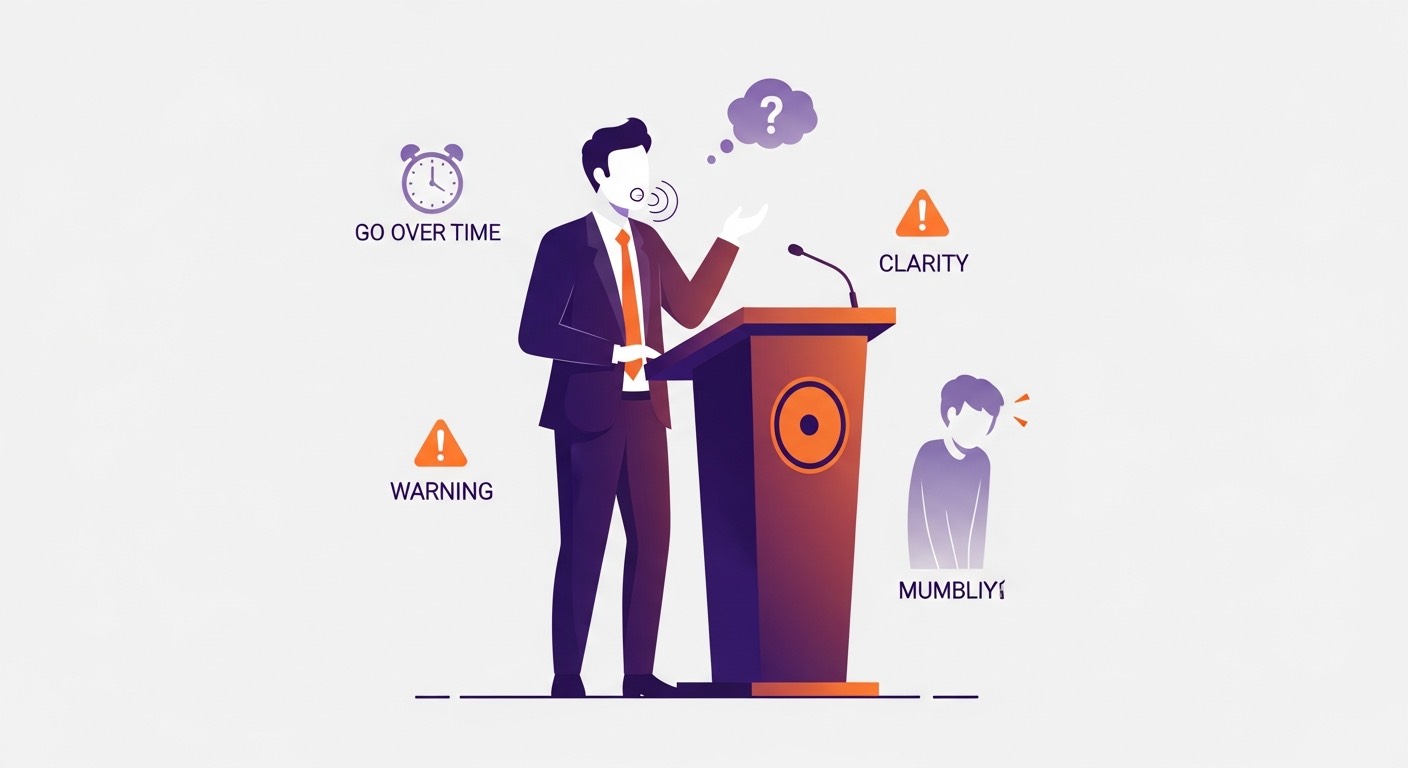 Speaker at a podium with visual indicators showing common speaking mistakes to avoid
