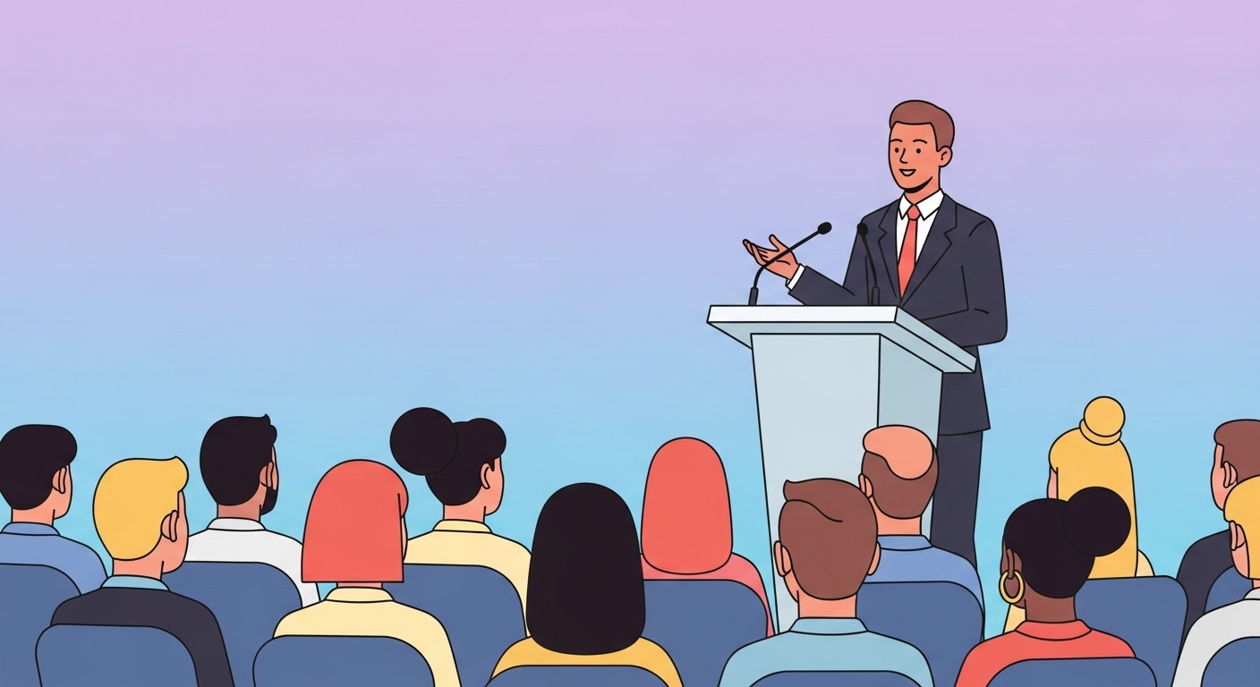 Confident speaker at a podium with an audience, warm purple and blue tones