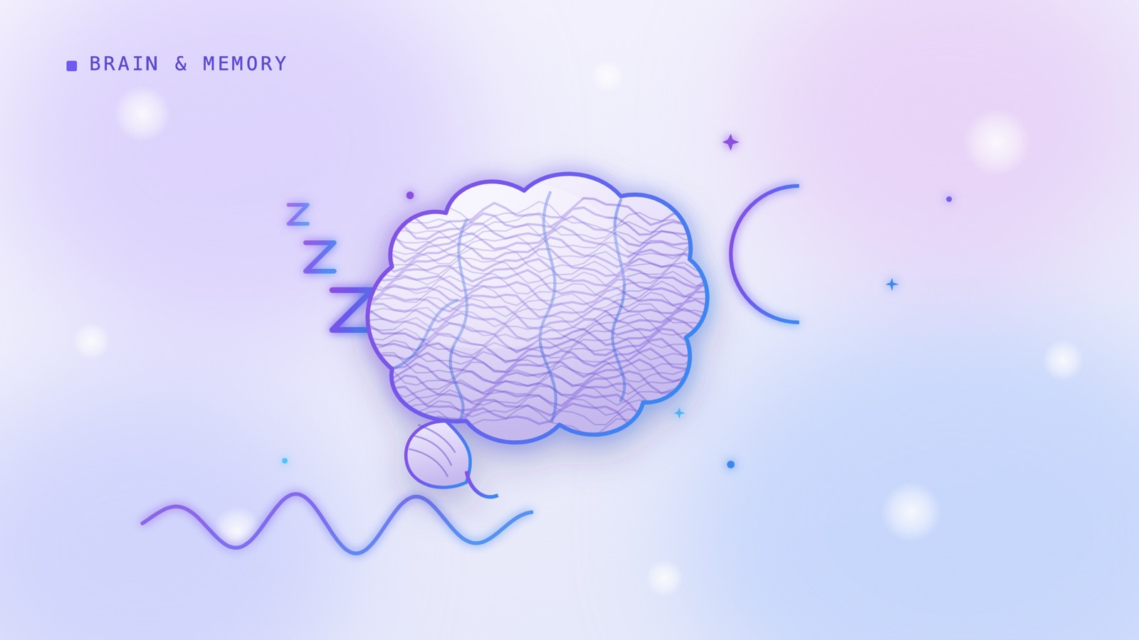 A crescent moon and stars over a calm waveform, representing sleep and memory