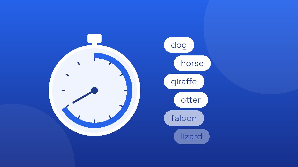 A stopwatch beside a list of animal names, representing the one-minute verbal fluency task