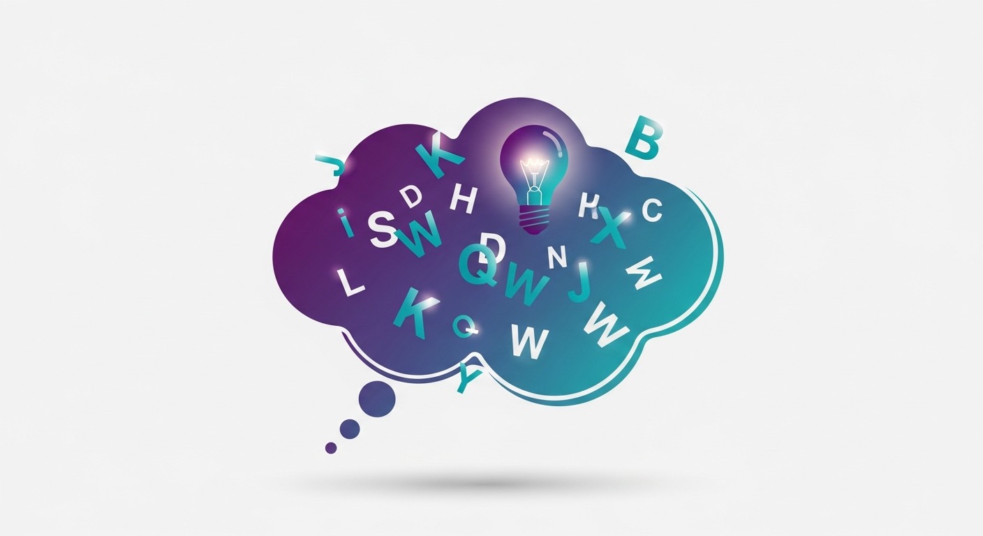 Illustration of a thought bubble with scattered letters representing word-finding difficulty